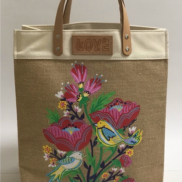 Brighton Lovebirds Floral Jute Canvas w/Leather Handles Tote Bag NEW - Picture 4 of 16
